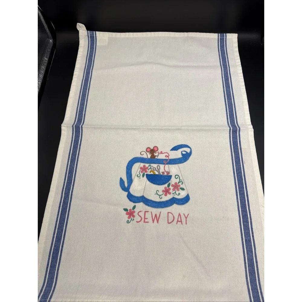 Hand Painted Dish Towel Cotton Sew Day Sewing Apron Country Blue